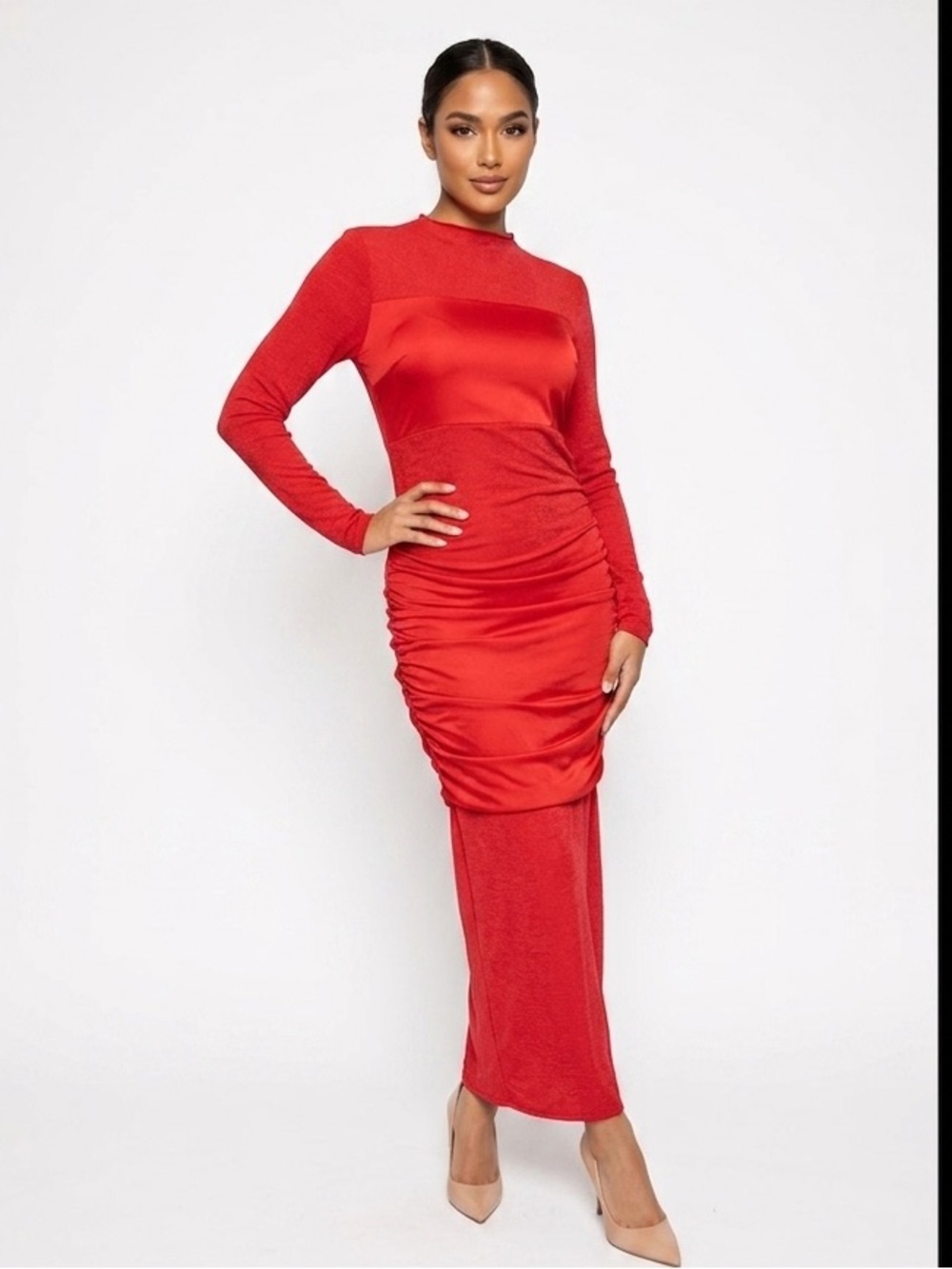 EKALIY Red Ruched Mock Neck Maxi Dress Long Sleeve Bodycon Size Medium new